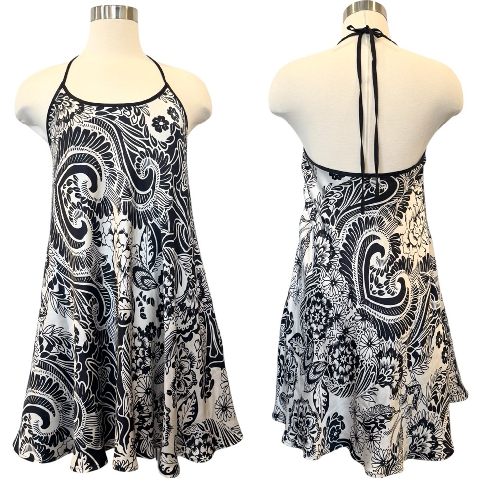 Marisa K 100% Silk Black White Flirty Floral Print Sundress Slip Dress 🔥